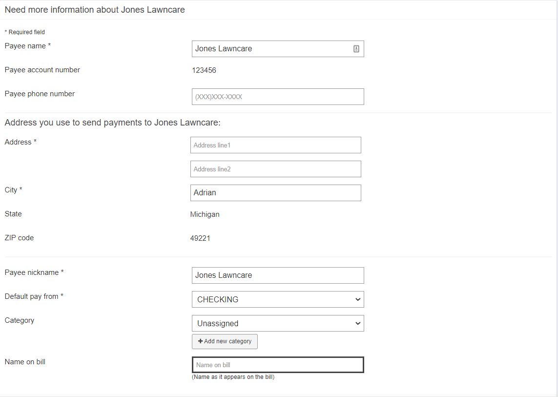 Add a payee not recognized full details
