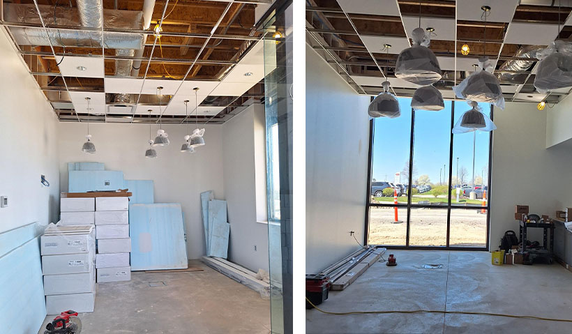 Tech area on the left and lobby area on the right.